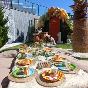 Kids birthday party picnic table with colorful plates and balloon arch