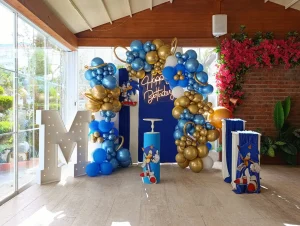 Sonic themed boy's birthday with blue and gold balloons