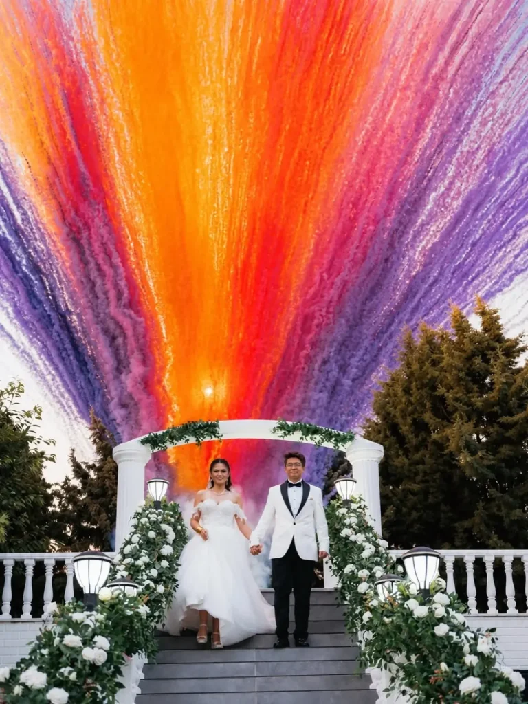 Couple under a colourful lit canopy at an engagement party in Kusadasi