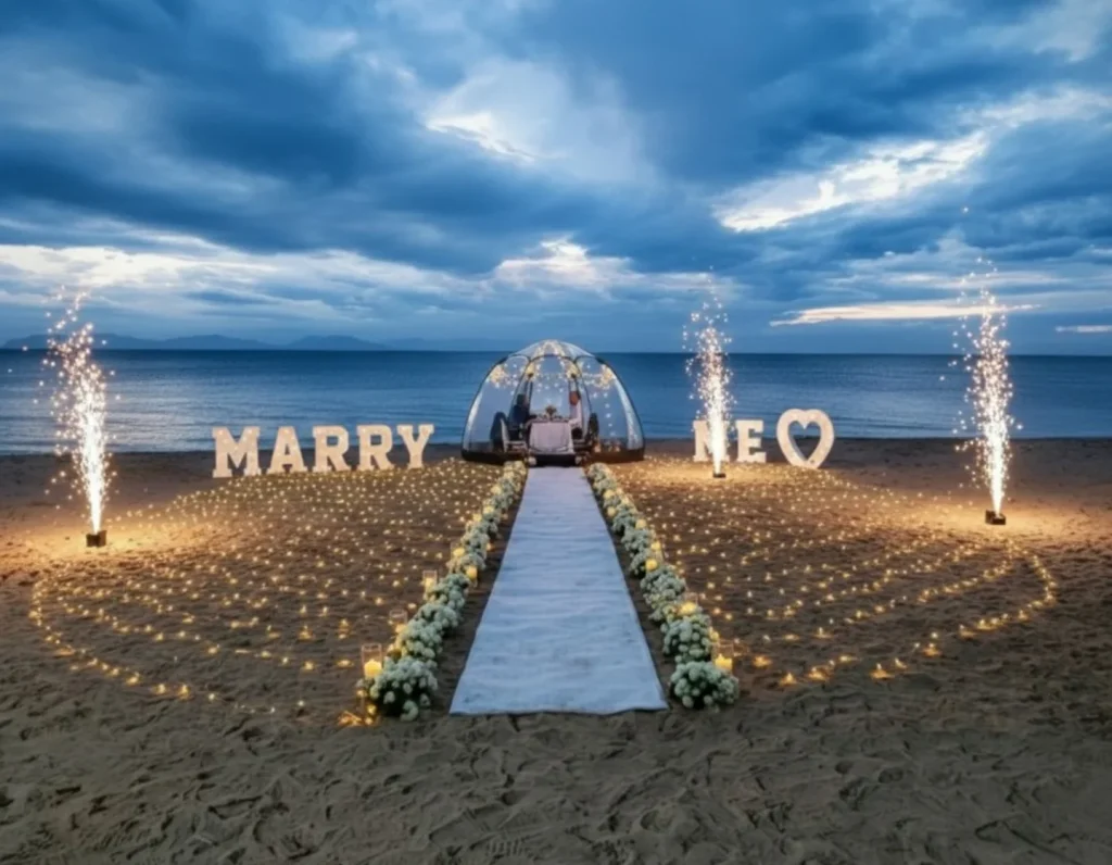 Pier proposal setup at blue hour with aisle and Marry Me letters