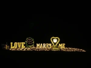 Marry Me sign with flowers and lanterns after dark