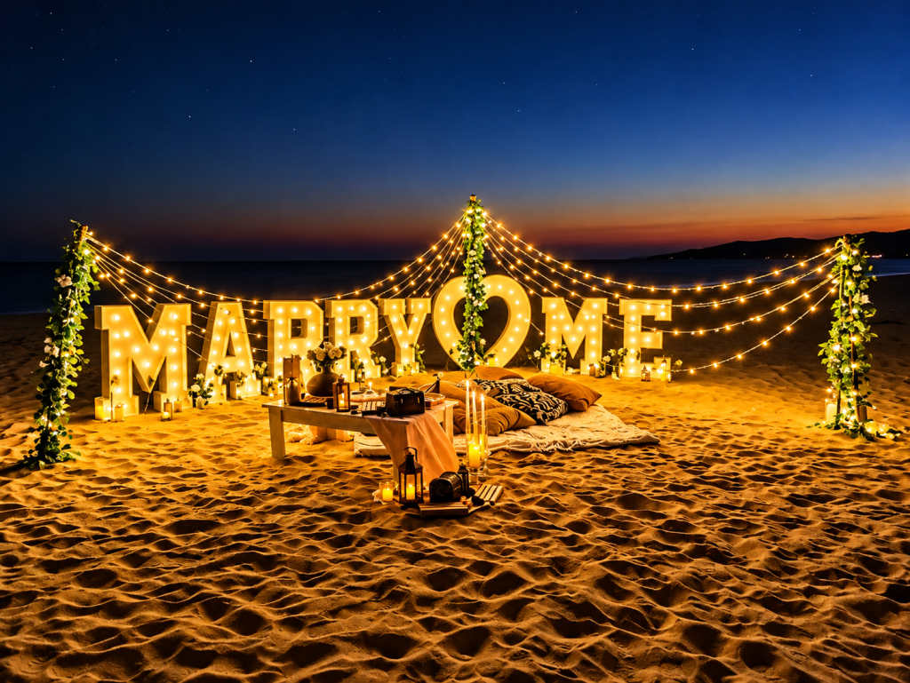 Classic proposal package with large Marry Me letters and a table for two on the beach